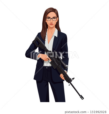 Woman in Business Suit Holding Rifle Illustration with Glasses and Serious Expression Woman in Business Suit Holding Rifle Illustration with Glasses and Serious Expression 131992028