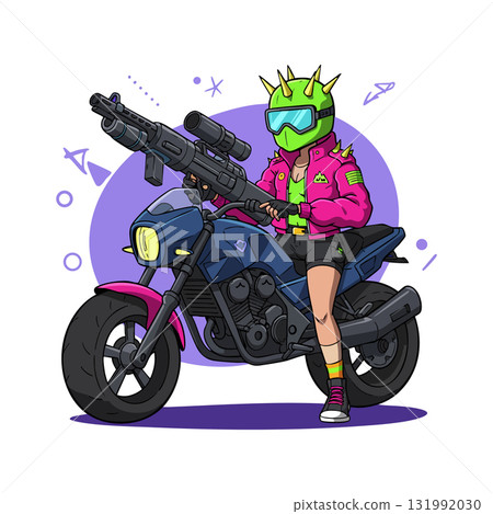 Futuristic cyberpunk girl on motorcycle holding sniper rifle with neon colors vector illustration Futuristic cyberpunk girl on motorcycle holding sniper rifle with neon colors vector illustration 131992030