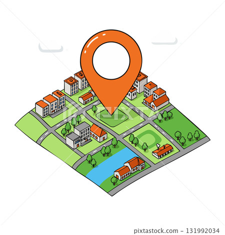 Urban neighborhood map with orange location pin and green park vector illustration 131992034