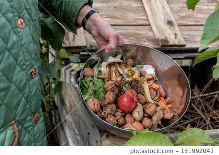 Kitchen waste deposit for compost in the garden Kitchen waste deposit for compost in the garden 131992041