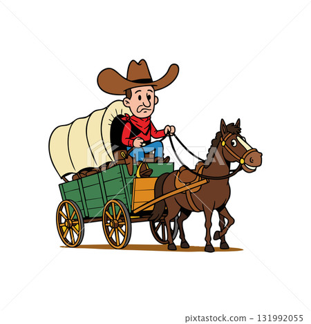 Cowboy driving covered wagon horse carriage western countryside travel vector illustration 131992055