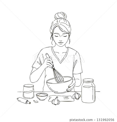 Woman whisking ingredients in kitchen preparing food recipe vector illustration Woman whisking ingredients in kitchen preparing food recipe vector illustration 131992056