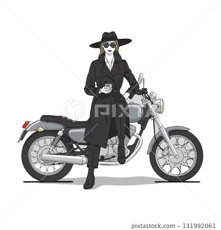Woman in black trench coat and hat standing with motorcycle stylish urban fashion vector Woman in black trench coat and hat standing with motorcycle stylish urban fashion vector 131992061