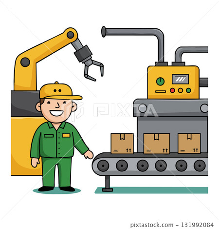 Factory worker operating robotic arm and conveyor belt with packages vector illustration 131992084