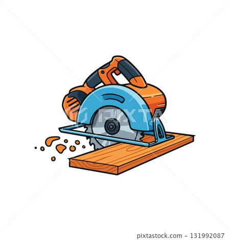 Circular saw cutting wooden plank with orange and blue colors vector illustration 131992087