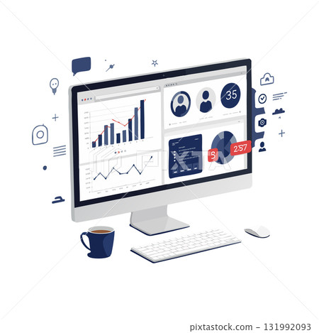 Desktop computer with analytics dashboard showing charts and user notifications vector illustration 131992093