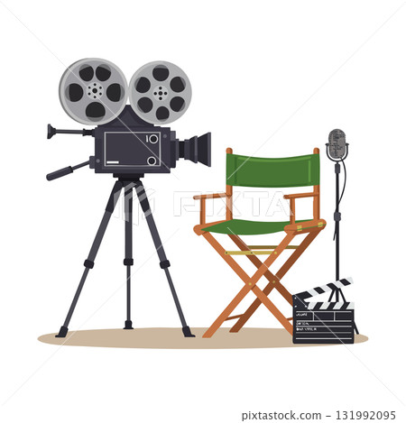 Vintage Film Camera Director Chair Microphone and Clapperboard Vector Illustration for Movie Production Scene 131992095