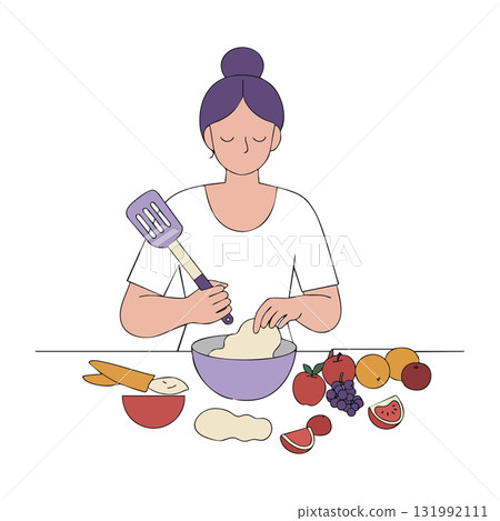 Woman preparing dough with fresh fruits and kitchen utensils cooking vector illustration 131992111