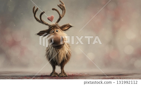 Reindeer character 3D rendered with heart antlers, whimsical cartoon style, soft bokeh background Reindeer character 3D rendered with heart antlers, whimsical cartoon style, soft bokeh background 131992112