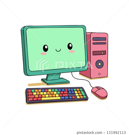 Cute desktop computer with smiling monitor and colorful keyboard vector illustration Cute desktop computer with smiling monitor and colorful keyboard vector illustration 131992113