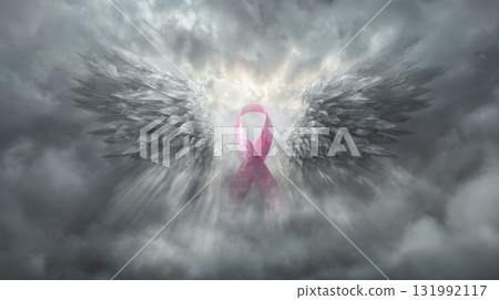 Pink ribbon with angel wings surreal digital art, symbolizing breast cancer awareness and hope 131992117