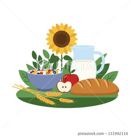Breakfast set with sunflower, bread, milk, apple, and cereal bowl on green background 131992118