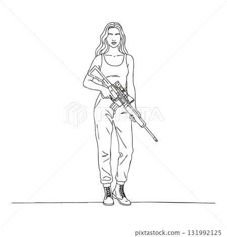 Woman holding large rifle standing in casual clothes vector illustration Woman holding large rifle standing in casual clothes vector illustration 131992125