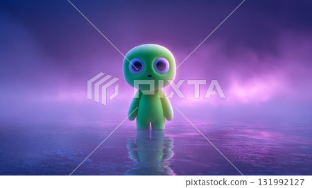 Green alien cartoon character, 3D style, standing in misty purple-lit water 131992127