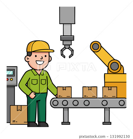 Factory worker operating robotic arm and conveyor belt with cardboard boxes vector illustration 131992130