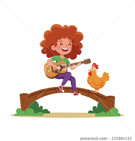 Girl playing guitar on wooden bridge with chicken countryside scene vector illustration Girl playing guitar on wooden bridge with chicken countryside scene vector illustration 131992132