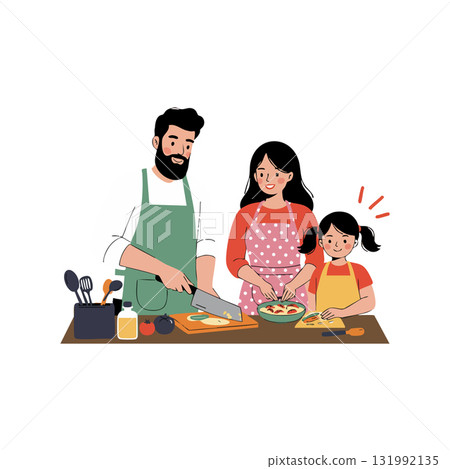 Family cooking together in kitchen preparing food with chopping and mixing activities vector illustration Family cooking together in kitchen preparing food with chopping and mixing activities vector illustration 131992135