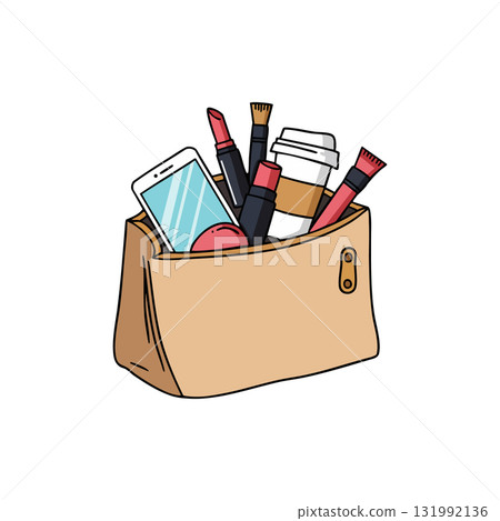 Makeup bag with brushes lipstick coffee cup and smartphone vector illustration 131992136