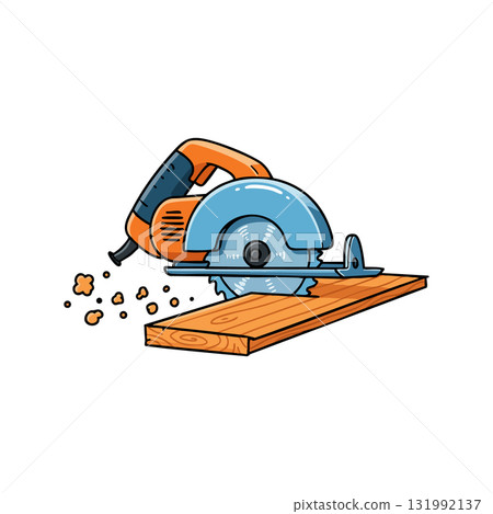 Circular saw cutting wooden plank with orange and blue colors vector illustration 131992137