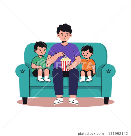 Father and two children watching movie on teal couch with popcorn vector illustration 131992142