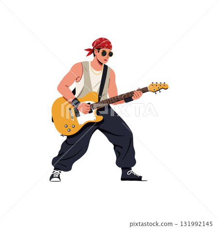 Male guitarist playing electric guitar wearing bandana and sunglasses vector illustration 131992145
