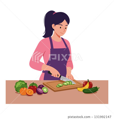 Woman preparing fresh vegetables in kitchen with knife and cutting board vector illustration 131992147