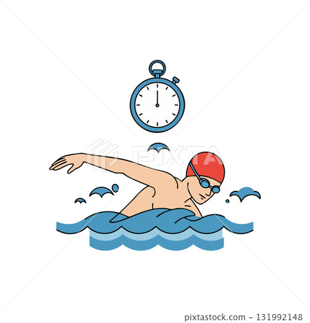 Swimmer in red cap with stopwatch timing swimming training session vector illustration 131992148