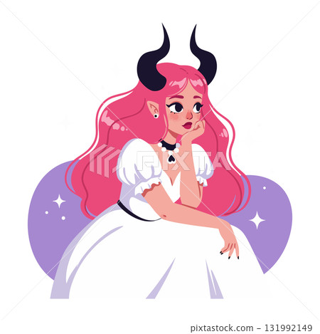 Young woman with pink hair and black horns wearing white dress vector illustration 131992149