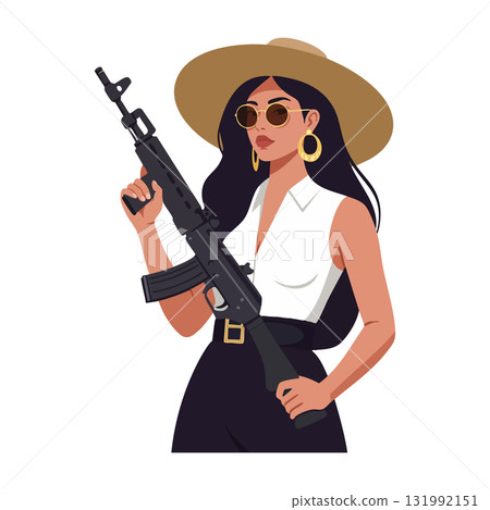 Woman with black rifle wearing white shirt and wide hat holding weapon confidently Woman with black rifle wearing white shirt and wide hat holding weapon confidently 131992151