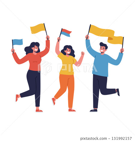 People celebrating with colorful flags in joyful group vector illustration People celebrating with colorful flags in joyful group vector illustration 131992157