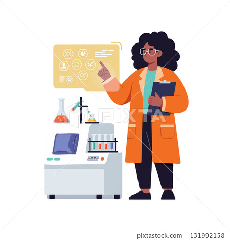 Female scientist working in chemistry laboratory with test tubes and digital display vector illustration Female scientist working in chemistry laboratory with test tubes and digital display vector illustration 131992158