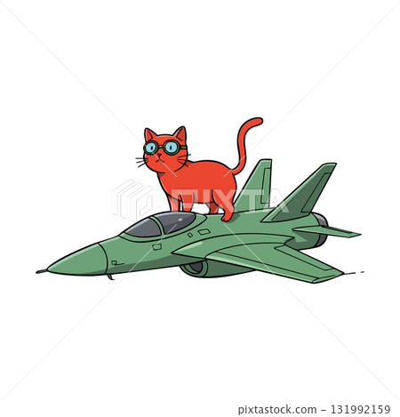 Red cat with glasses standing on green fighter jet vector illustration Red cat with glasses standing on green fighter jet vector illustration 131992159