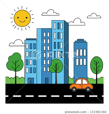 Urban cityscape with blue buildings green trees orange car and smiling sun vector illustration 131992160