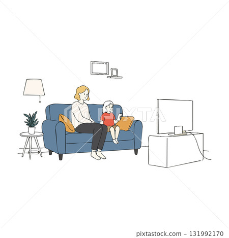 Mother and child sitting on blue sofa watching television in cozy living room 131992170