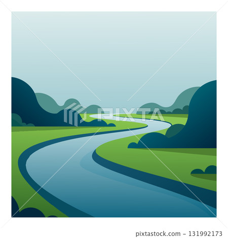 Curved river flowing through green hills and bushes natural landscape vector illustration 131992173