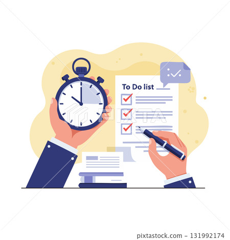 Stopwatch and hand holding pen checking to do list task completion vector illustration 131992174