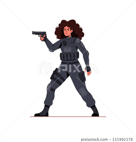 Female soldier in tactical gear aiming gun with determination and readiness 131992178