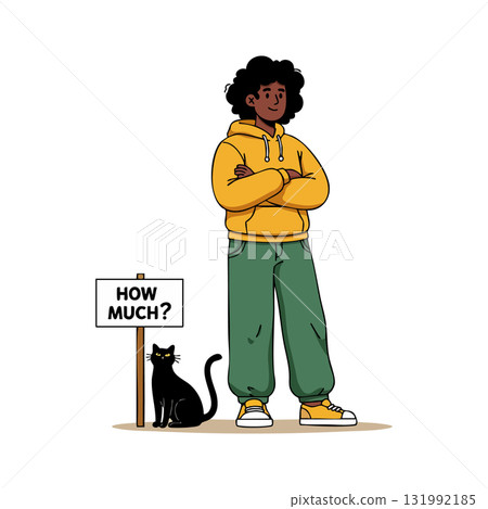 Confident person with black cat and how much sign vector illustration in casual clothes Confident person with black cat and how much sign vector illustration in casual clothes 131992185