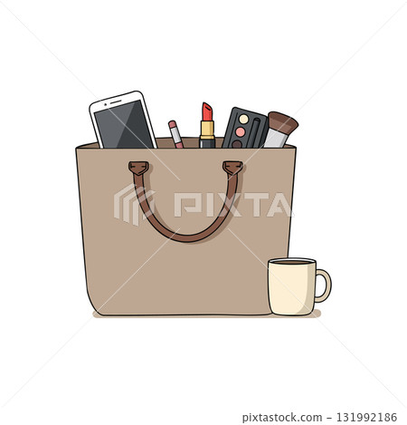 Handbag with makeup items smartphone and coffee cup simple vector illustration Handbag with makeup items smartphone and coffee cup simple vector illustration 131992186