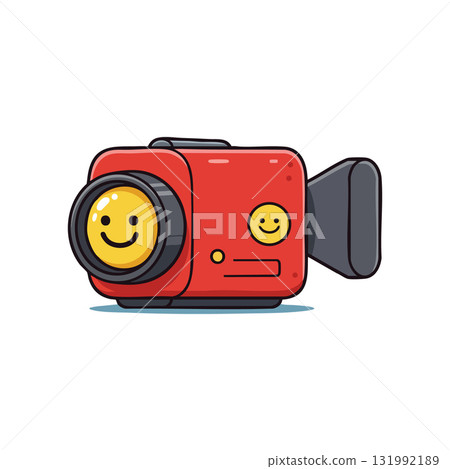 Red vintage video camera with smiling face lens and cheerful expression vector illustration Red vintage video camera with smiling face lens and cheerful expression vector illustration 131992189