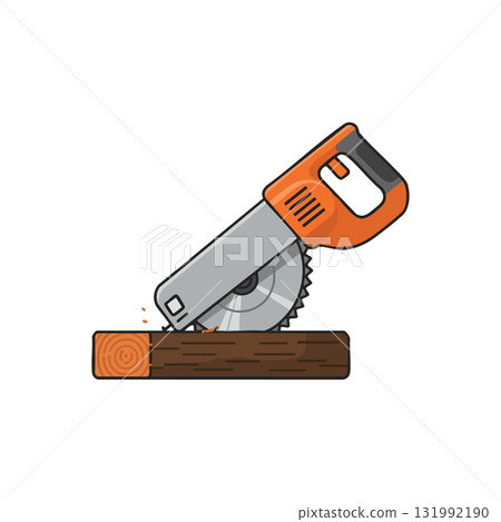 Circular Saw Cutting Wood Log with Orange Handle Power Tool Illustration Circular Saw Cutting Wood Log with Orange Handle Power Tool Illustration 131992190