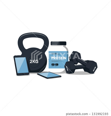 Fitness equipment with protein powder and digital devices for workout motivation and health tracking Fitness equipment with protein powder and digital devices for workout motivation and health tracking 131992193