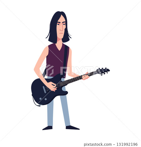 Male guitarist playing electric guitar with long hair and casual clothes vector illustration Male guitarist playing electric guitar with long hair and casual clothes vector illustration 131992196