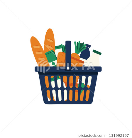 Grocery basket filled with fresh bread, carrots, and vegetables vector illustration Grocery basket filled with fresh bread, carrots, and vegetables vector illustration 131992197