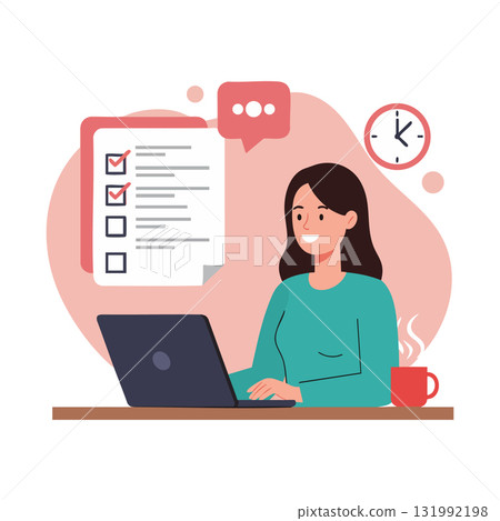Woman working on laptop with checklist and clock at desk in office setting Woman working on laptop with checklist and clock at desk in office setting 131992198
