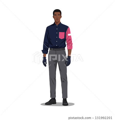 Young man standing wearing navy and pink shirt with grey pants vector illustration 131992201