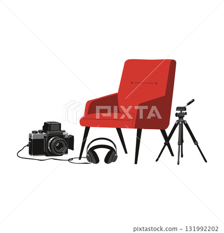 Red armchair with vintage camera tripod and headphones vector illustration Red armchair with vintage camera tripod and headphones vector illustration 131992202
