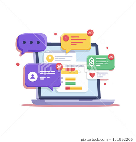 Laptop with colorful social media notifications and chat bubbles vector illustration design Laptop with colorful social media notifications and chat bubbles vector illustration design 131992206