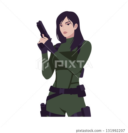 Female soldier with handgun in tactical green outfit standing ready for action vector illustration Female soldier with handgun in tactical green outfit standing ready for action vector illustration 131992207