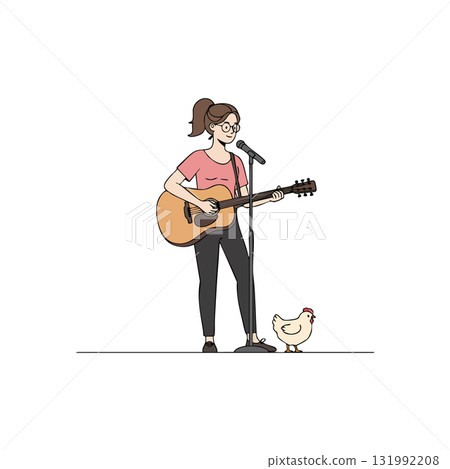 Young woman playing guitar singing with chicken standing near microphone vector illustration 131992208